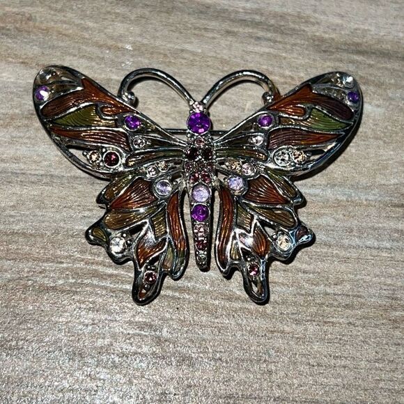 Vintage Monet Metalwork With Purple Lavender Pink Rhinestones Enameled Wings - Picture 1 of 9